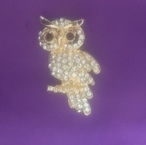 Gold Toned Rhinestone Owl Brooch